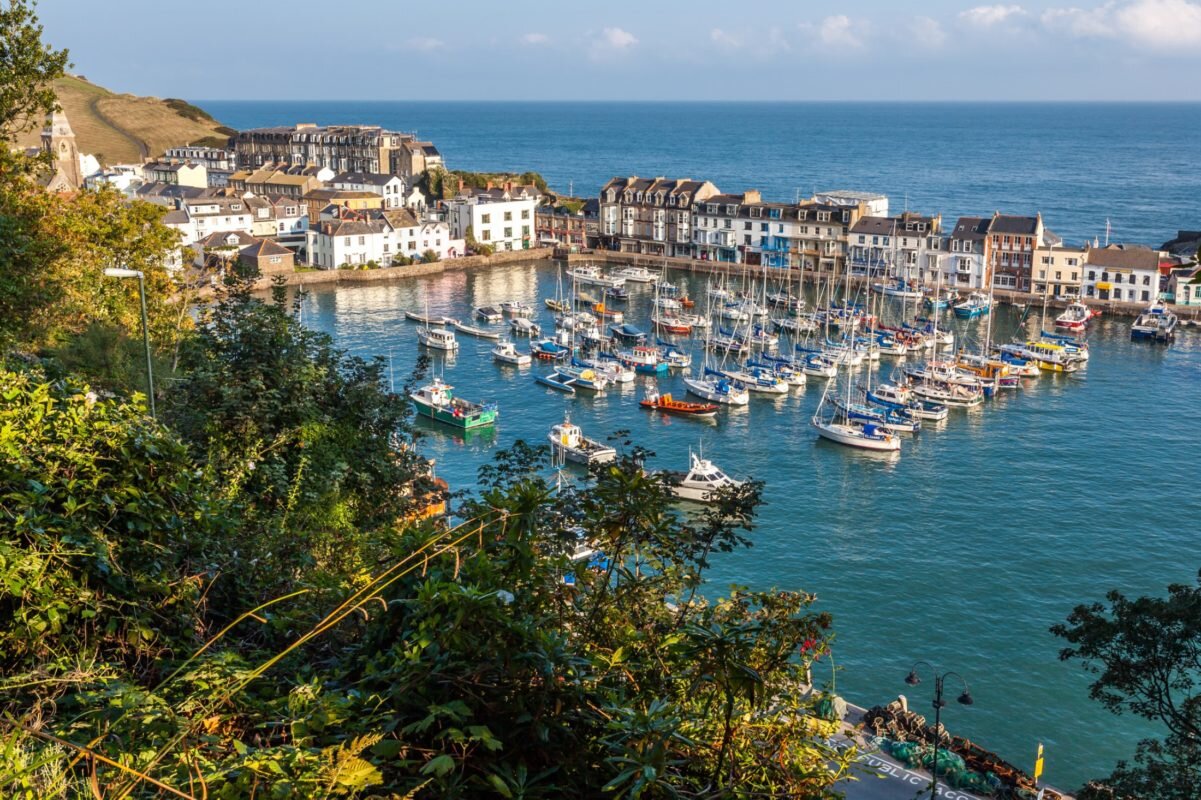 Ilfracombe harbour with boats and hillside houses